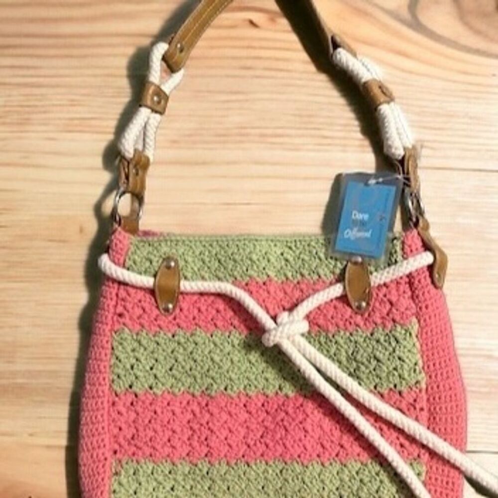 Frankie & Johnnie Pastel Pink Green Crochet Faux Leather Bucket Shoulder Bag